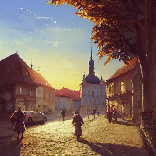 Image similar to a beautiful painting of banska stiavnica in summer with old houses and trees in sunset, sky, people walking on street, unreal engine, by greg rutkowski and james gurney, artstation