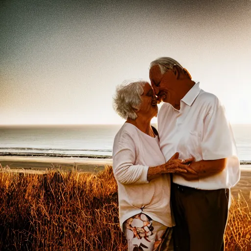 Image similar to a beautiful portrait photo of an older couple in love, beautiful detailed eyes, emotional, faded rainbow, golden hour in pismo California, outdoors, professional award winning portrait photography, Zeiss 150mm f/2.8