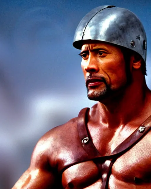 Image similar to film still close up shot of dwayne johnson as maximus from the movie gladiator. photographic, photography