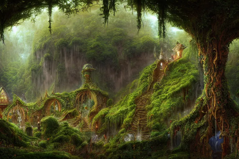 Image similar to a beautiful and highly detailed digital painting of an elven construction in a lush valley in the misty mountains, psychedelic patterns, intricate details, epic scale, 8 k, sharp focus, photorealism, artstation, cgsociety, by caspar friedrich, albert bierstadt, james gurney, brian froud,