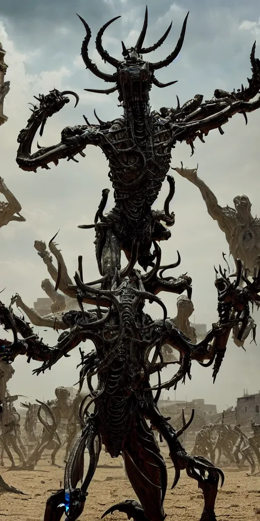 Prompt: District 9 fighting Demons from Constantine, high detail, 8k, ornate, dark fantasy, masterpiece, complex, haze, film still from the movie directed by Denis Villeneuve with art direction by Pablo Picasso and Greg rutkowski, Alex Gray, wide angle