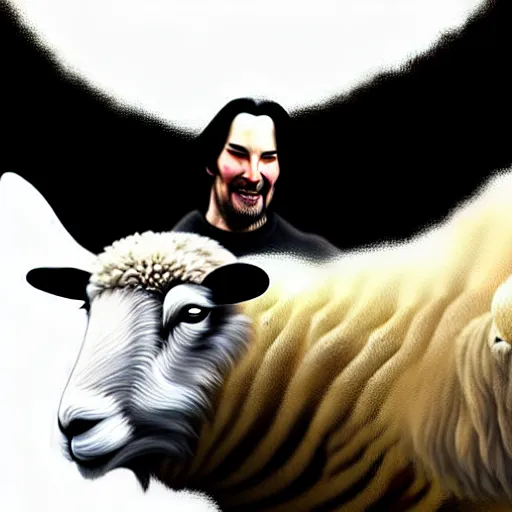 Prompt: morbidly obese keanu reeves riding a texel sheep, elegant intricate digital painting artstation concept art by mark brooks and brad kunkle detailed