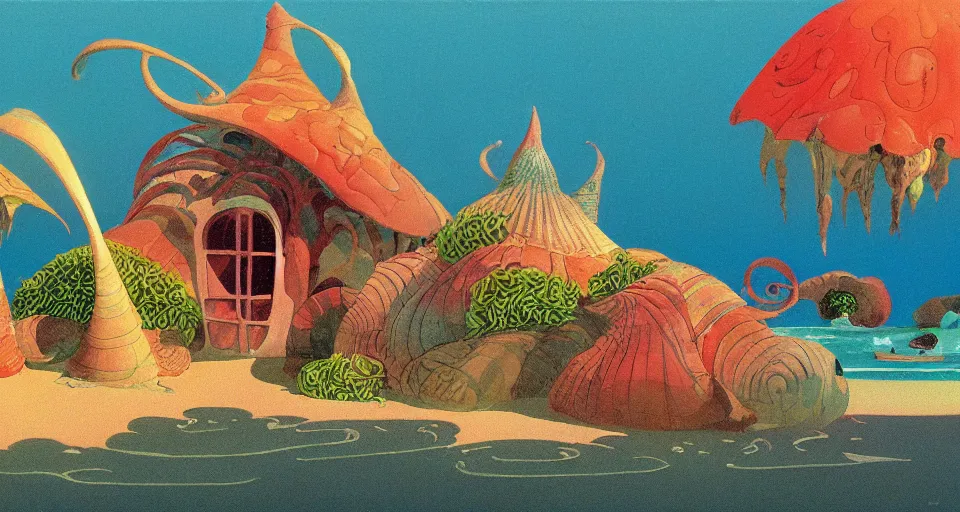 Image similar to seashell house, still life, concept art by roger dean, bill sienkiwicz and john harris, triadic color scheme