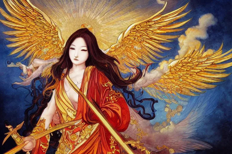 Prompt: glorious beautiful painting of Japanese female angel with flaming sword and golden wings, heavenly background and heavenly light, feminine figure, by James Jean, Neo-Gothic, gothic, Art Nouveau, rich deep moody colors