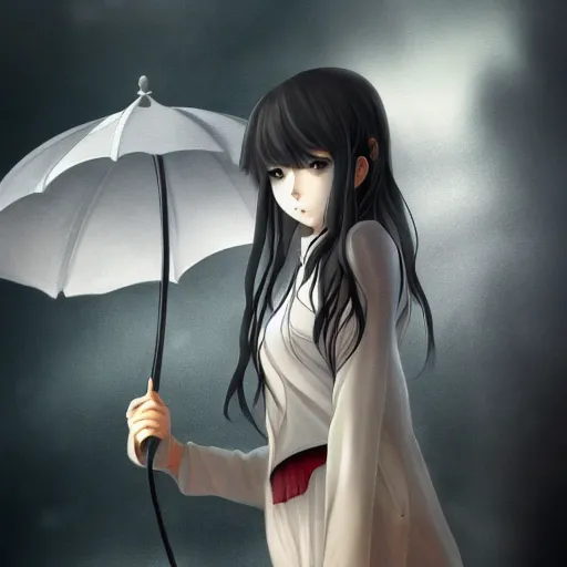 Prompt: portrait of lone girl standing in the melancholic rain, anime fantasy illustration by tomoyuki yamasaki, kyoto studio, madhouse, ufotable, trending on artstation