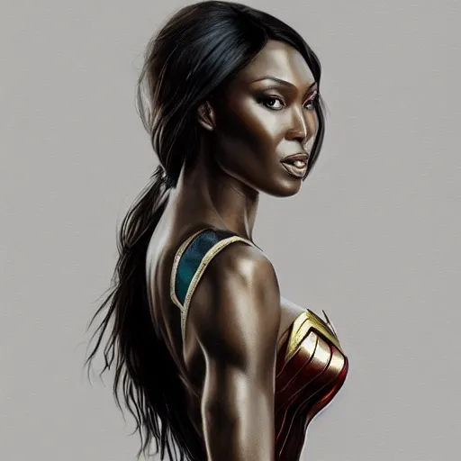 Image similar to full figure ultra realistic illustration, naomi campbell as wonder woman, intricate, elegant, highly detailed, digital painting, artstation, concept art, smooth, sharp focus, illustration, art by artgerm and greg rutkowski and alphonse mucha