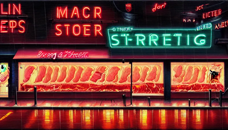 Image similar to painting of a neon sign storefront meat butcher shop, raining, busy street, cyberpunk, romantisism, outrun, synthwave, painting, detailed, by android jones