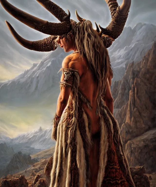 Image similar to a detailed horned antelopewoman stands among the mountains. wearing a ripped mantle, robe. perfect faces, extremely high details, realistic, fantasy art, solo, masterpiece, art by daniel e. greene, johannen voss, zoey frank, greg broadmore