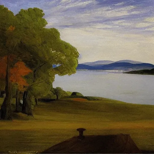 Image similar to “ a sailboat on the hudson river, mount beacon in the background, hudson river school, by george bellows ”