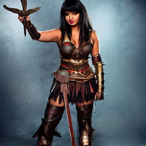 Image similar to Jameela Jamil dressed as Xena, full body shot, epic, dramatic light, volumetric light, sharp focus