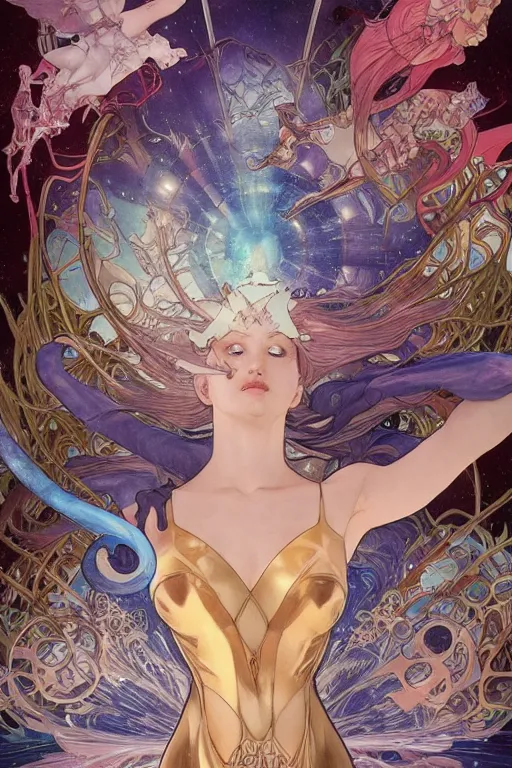 Image similar to swimming through time, by artgerm and yoshitaka amano and moebius and alphonse mucha, hyperdetailed, dc comics, ornate, nebula, explosions in the sky, trending on artstation