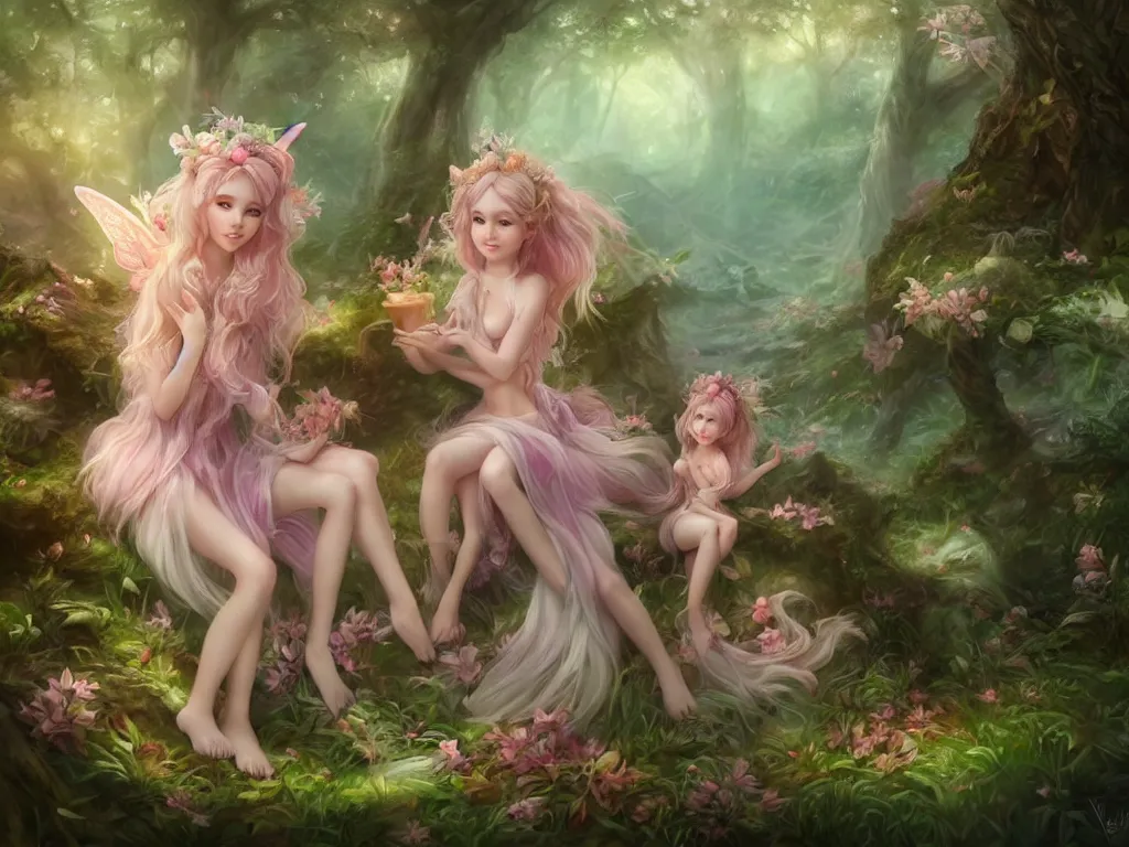 Image similar to two cute fairy in the dreamy forest, fantasy, dreamlike, 8 k resolution, hyper detailed, d & d, character design, digital painting, trending on artstation, sharp focus, illustration, art by artgerm, viktoria gavrilenko, hoang lap, fuji choko, steve zheng