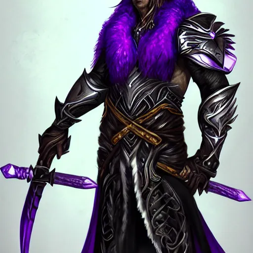 Image similar to Portrait of a seasoned muscular elven warrior in black and purple armour and wolf skin. In style of Hyung-tae Kim, concept art, trending on ArtStation, Korean MMORPG.