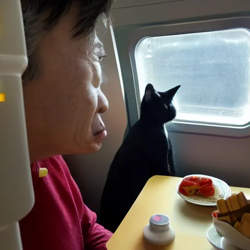 Prompt: two cats engaged in a philosophical conversation while commuting via shinkansen, over a delicious lunch of lego pieces