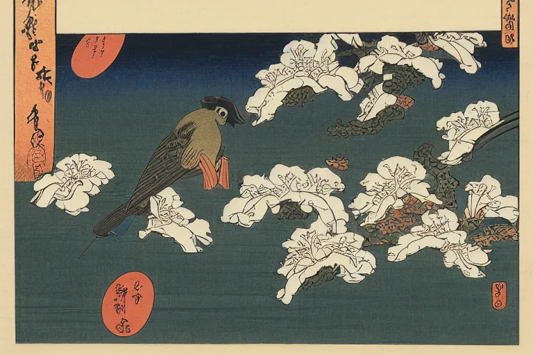 Prompt: a masterpiece ukiyo - e painting of a scene with irises and birds by katsushika hokusai, utagawa kuniyoshi and utagawa hiroshige, hyperdetailed, intricate, complex, 4 k