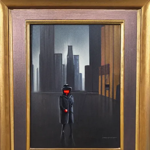 Prompt: oil painting of an old man wearing a black coat standing in a futuristic robotic city, somber,