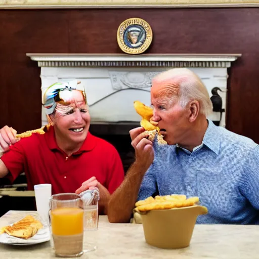 Image similar to photograph of trump and Biden sitting and eating breakfast at a Wafflehouse