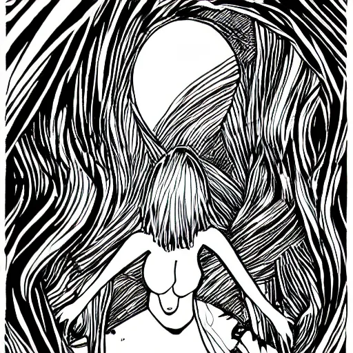 Prompt: intricate lineart drawing of a girl standing in the abyss, black ink, manga style, with evil eyes in the background, featured on pixiv, sharp lines, high resolution