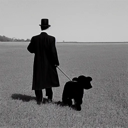 Image similar to a film still of a man holding a cane wearing a black suit and a bowler hat with a robotic face walking in a empty field in a 60s movie, black and white