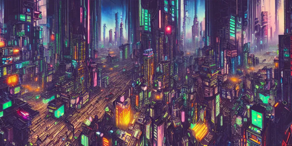 Prompt: a busy cyberpunk city, highly detailed, vibrant colours, painting by otto dix, 8 k