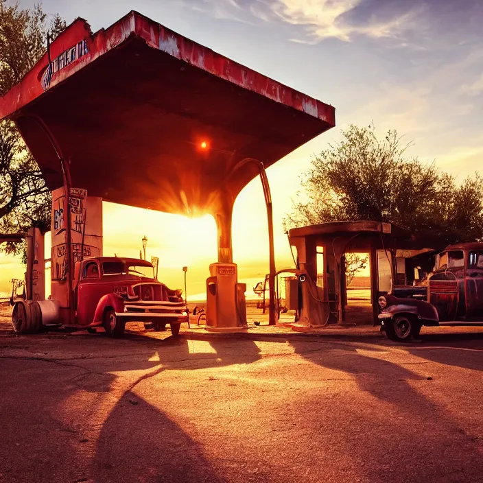 Image similar to a sunset light landscape with historical route 6 6, lots of sparkling details and sun ray ’ s, blinding backlight, smoke, volumetric lighting, colorful, octane, 3 5 mm, abandoned gas station, old rusty pickup - truck, beautiful epic colored reflections, very colorful heavenly, softlight