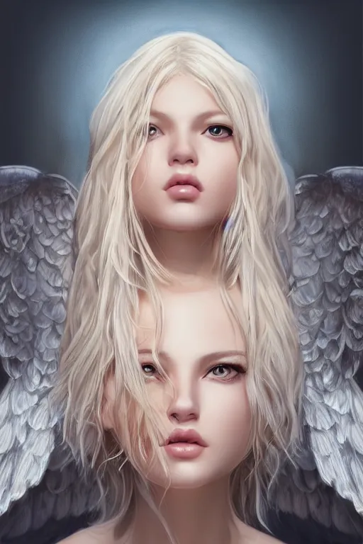 Image similar to realistic painting of a holy blonde female angel, godray, beautiful, detailed, octane render, by artgerm, elegant, matte, symmetrical realistic facial features, biblical