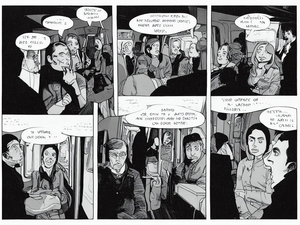 Image similar to a single comic panel by Daniel Clowes, 3/4 low angle view wide shot of two people sitting in an empty Chicago subway train, in front of windows: a sad Aubrey Plaza in a parka and a friendly Mads Mikkelsen in a suit