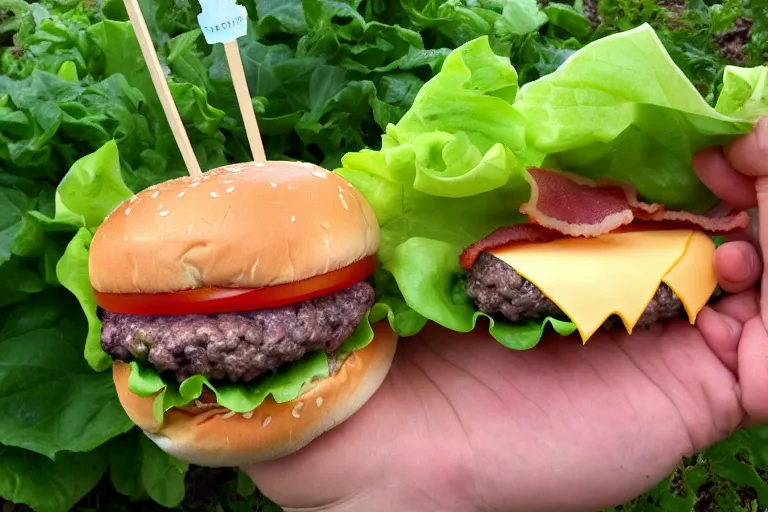 Prompt: growing cheeseburgers in the garden this summer, look at my hamburger plant, this one even grows bacon - cheeseburgers