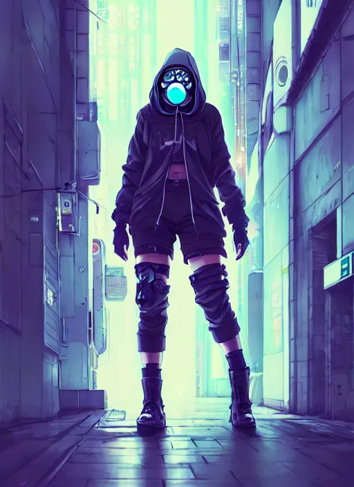 Prompt: cyberpunk anime girl in hoodie, cyberpunk gas mask, 3 / 4 shot, street night, grafity, beautiful face, grafity, arcane, action, tokyo street, detail, good face, pose model, concept art, in style of yoji shinkawa, pan ren wei, col price, atey ghailan, by greg rutkowski, aesthetic