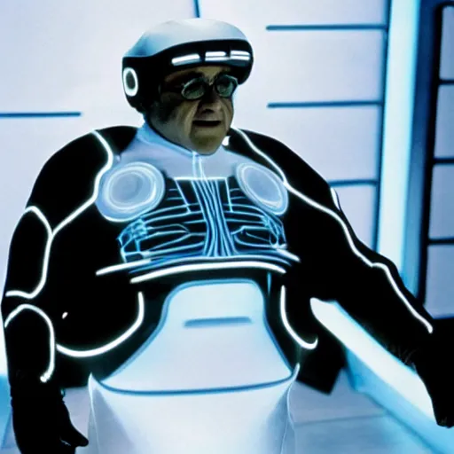 Prompt: A still of Danny Devito in Tron