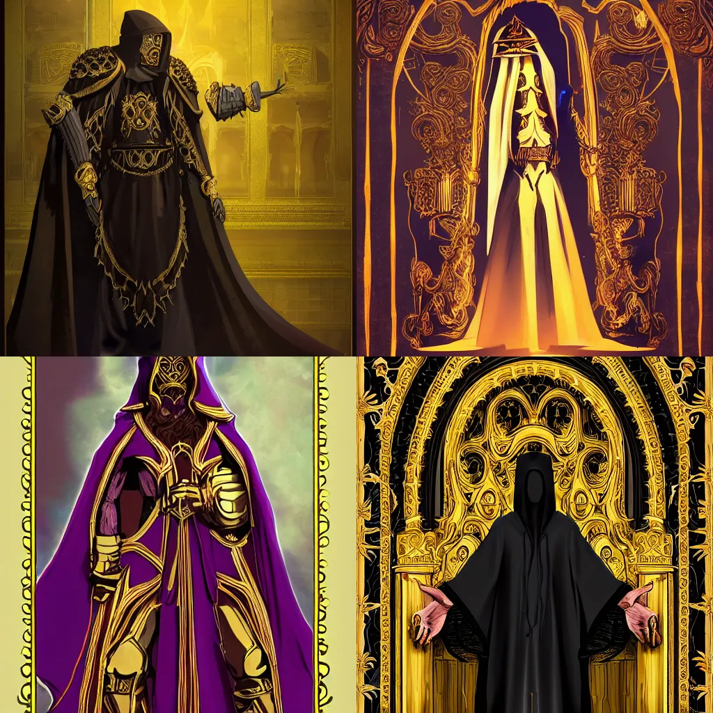 Prompt: character design for a dark hooded cultist high priest, flowing robes made of obsidian and gold, ornate mask and fabrics, cinematic, epic, grandeur, large scale, tall ceilings, archways