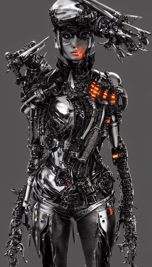 Image similar to full body head to toe portrait of a gothicpunk sci-fi cyborg pirate bionic man, third person, D&D, sci-fi fantasy, biomatter and , intricate, black with shiny silver and orange fringe highlights, highly detailed, art by Range Murata, highly detailed, 3d, octane render, bright colors, digital painting, trending on artstation, sharp focus, illustration style of Stanley Artgerm, dramatic background