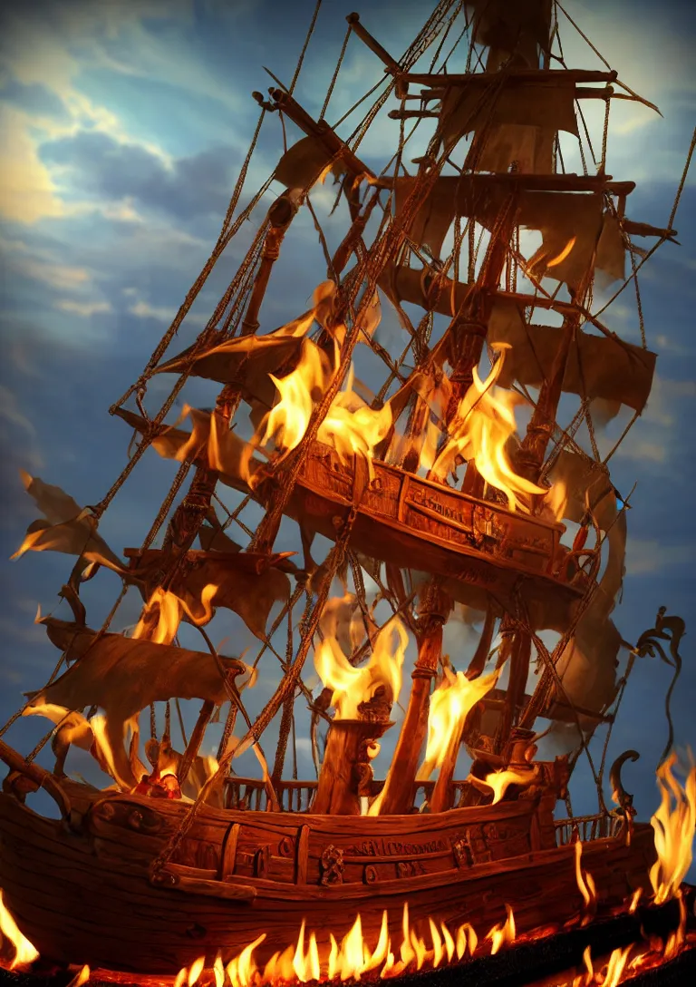 Image similar to Pirate ship with crew in a bottle, the bottle containing the pirate ship is on a mantlepiece over a fireplace with a fire. Photorealistic. Masterpiece.