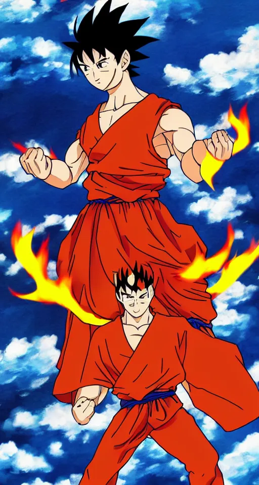 Prompt: Sangoku super power, fire in background, anime manga style