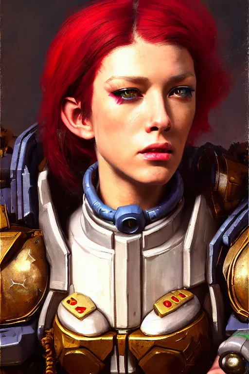 Image similar to character portrait cyberpunk starcraft terran warhammer 4 0 k space marine commmissar ( ( ( ( ( ( ( ( totally definitely not negative no not girl with the pearl earring inspired ) ) ) ) ) ) ), character design, painting by gaston bussiere, katsuya terada, frank frazetta, tom of finland, trending on artstation