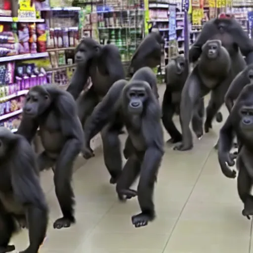 Prompt: cctv footage of a herd of gorillas raiding a walmart with people running away