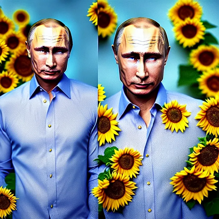 Image similar to photo portrait of Vladimir Putin - sunflowers - dressed in leisure shirt with ornamental ethereal sunflower pattern, natural skin tone, highly detailed realistic flowers ornament on the shirt, raging war and explosions in the background, face is highly detailed, elegant, Realistic, Refined, Highly Detailed, natural soft pastel lighting colors scheme, fine art photography by Cecil Beaton, volumetric lighting, hyper realistic photography