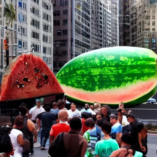 Prompt: Eventually, the giant watermelon made its way to a major city. It was destroying everything it came across, and the city was in chaos. Cinematic