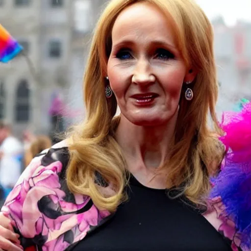 Image similar to JK Rowling starting terrified at a Pride Parade