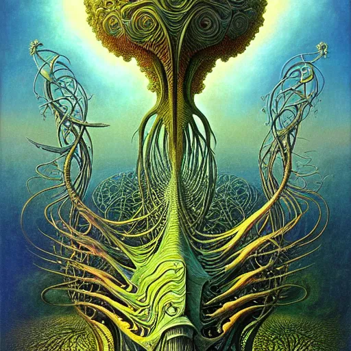 Image similar to divine chaos engine by roger dean and andrew ferez, symbolist, visionary, detailed, realistic, surreality, art forms of nature by ernst haeckel, deep rich moody colors, organic fractal structures