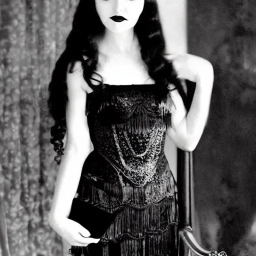 Prompt: young woman, angelica morticia addams, long black hair, short, flapper, vintage, creepy, beautiful, macabre