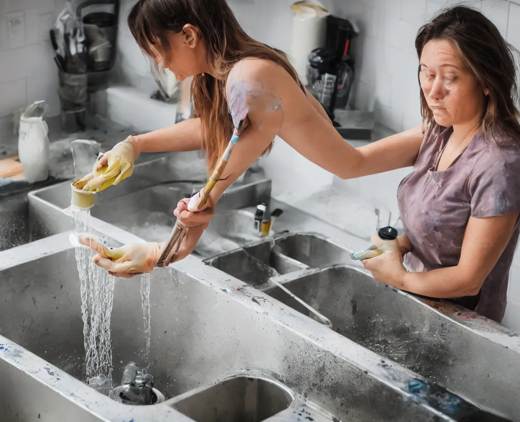 Prompt: a woman squeezing a paint tube in the kitchen sink, 8k