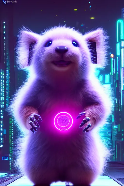 Image similar to hyperrealistic 3 d render post - cyberpunk very cute fluffy! wombat!! cyborg, mechanical paw, highly detailed, unreal engine cinematic smooth, in the style of detective pikachu, hannah yata charlie immer, neon purple light, low angle, uhd 8 k, sharp focus