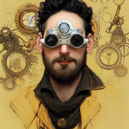 Prompt: an inventor, steampunk goggles, thin beard, messy black hair, d & d, solid yellow background, fantasy, intricate, cinematic lighting, highly detailed, digital painting, artstation, concept art, smooth, sharp focus, illustration, art by artgerm and greg rutkowski and alphonse mucha