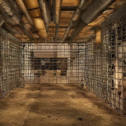 Image similar to underground prison, corroded metal bars, concrete, colorful tapestries, rugs, concept art