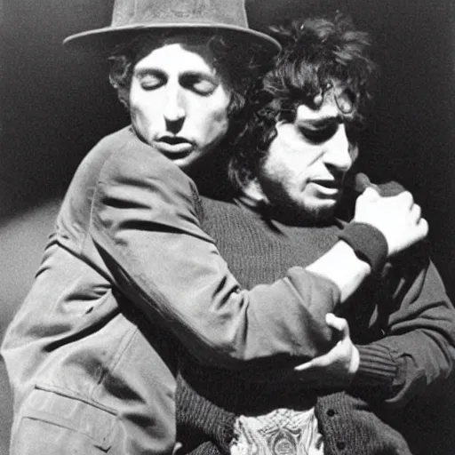 Image similar to bob dylan cradling a fat goblin like a baby, photograph, 1 9 6 5