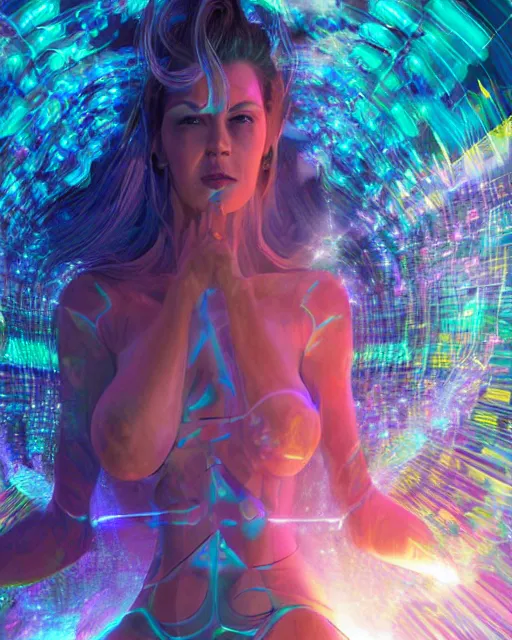 Image similar to a powerful energy psychedelic matrix woman, by alexander fedosav, hyper detailed digital matte painting, concept art, hyperrealism, 1 6 k resolution, cinema 4 d, 8 k resolution, trending on artstation, behance hd, a masterpiece, by stephan martiniere, particles, cel - shaded, power bright neon energy, by david a. hardy,