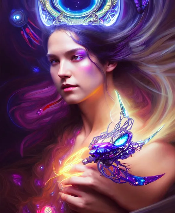 Image similar to a whirlwind of souls rushing inside the metaverse, half body, glowin eyes, tiara with sapphire, insect, android, cyberpunk, d & d, fantasy, intricate, elegant, highly detailed, colorful, vivid color, digital painting, artstation, concept art, art by artgerm and greg rutkowski and alphonse mucha and ruan jia