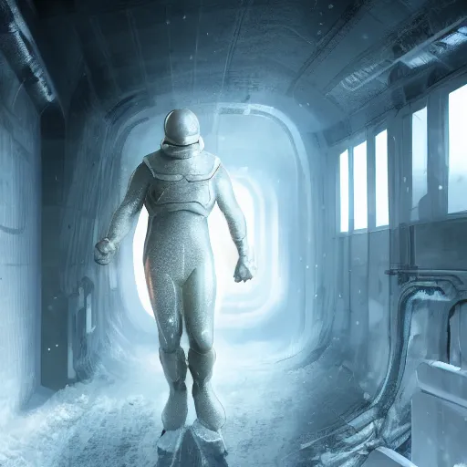 Image similar to a superhero man who is made of ice, ice and snow for skin he is standing in a spaceship corridor, cinematic, graphic novel, matte fantasy painting, extremely high detail, photo realistic, 4k, post processed, Artstation