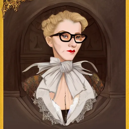 Image similar to a severe middle aged french woman with blonde hair tied in a strict bun, spectacles, lots of makeup, rich, victorian outfit, character portrait, digital art, high quality, 8 k, detailed, d & d character,